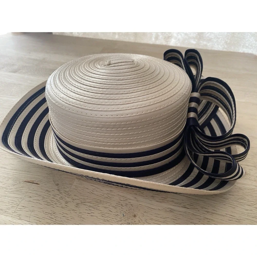 Vtg Cream Satin Ribbon Coiled Derby Hat Navy Stripe Bow Cocktail Tea Party 7" - Picture 5 of 11